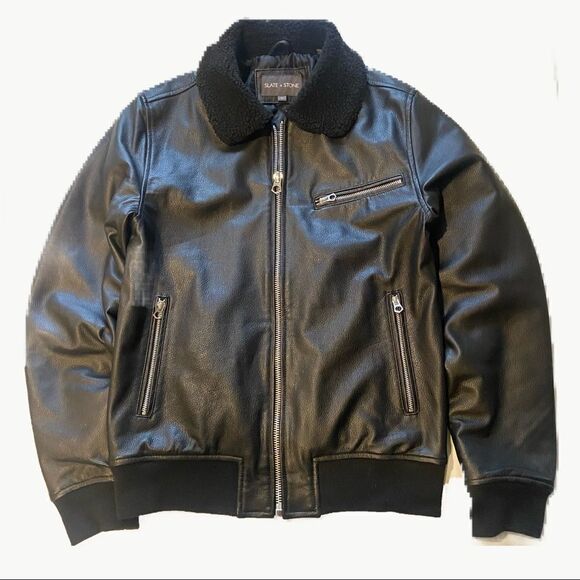Slate & Stone Other - Slate & Stone Lambskin Leather with Faux Sherpa Collar Aviator Bomber SMALL